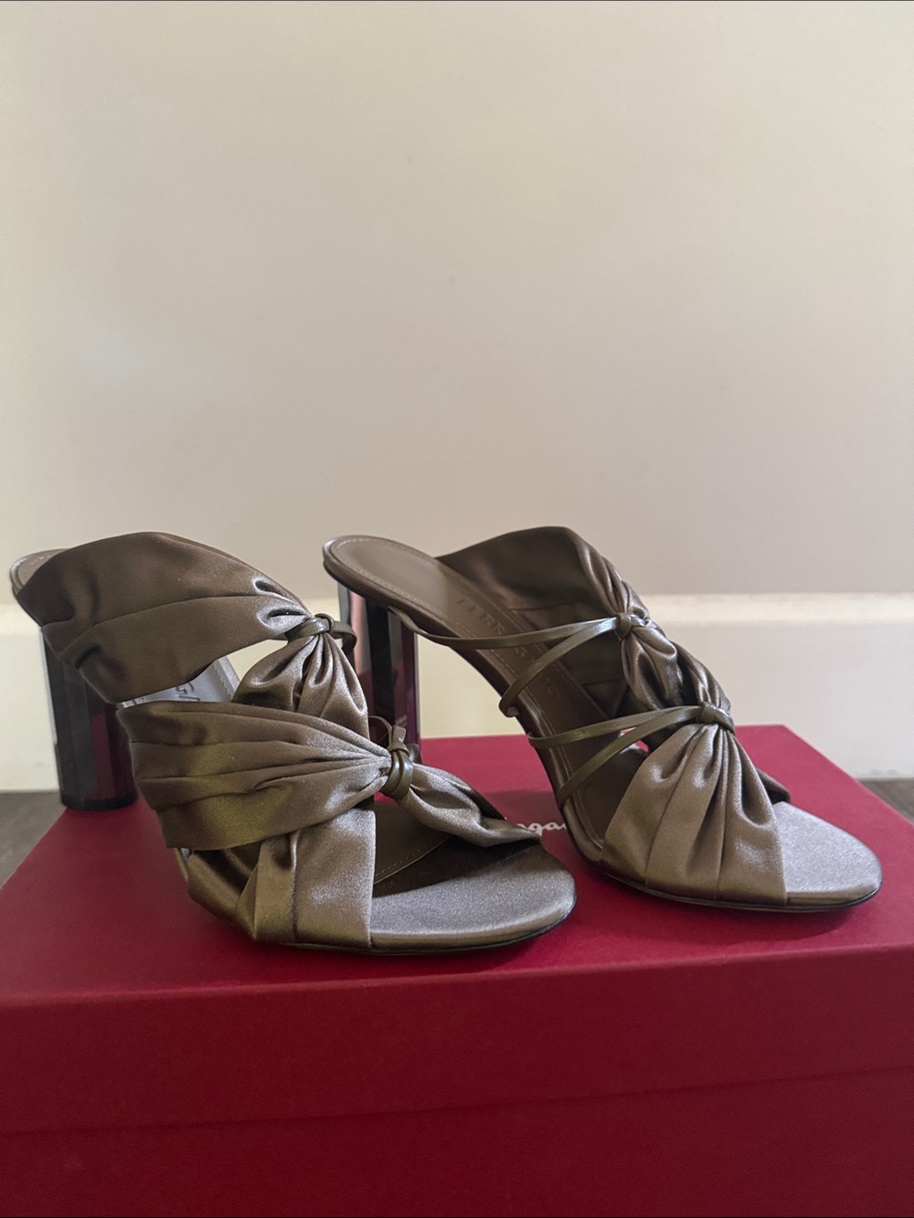 Salvatore Ferragamo Olive Satin Knotted Mule Heels with Acrylic Block Heel